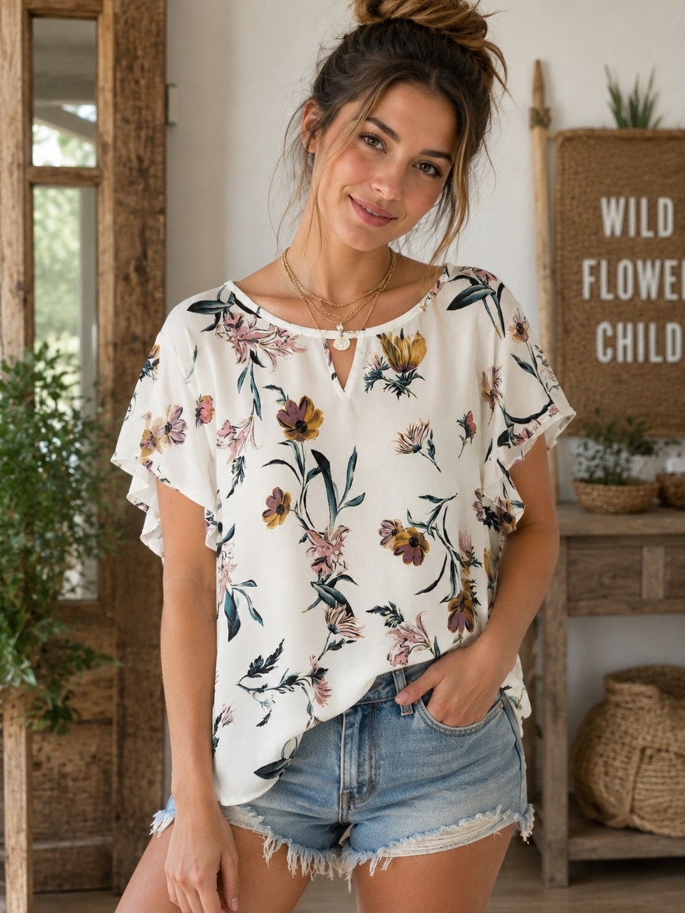 🩵 Maurices White Floral Flutter-Sleeve Blouse
